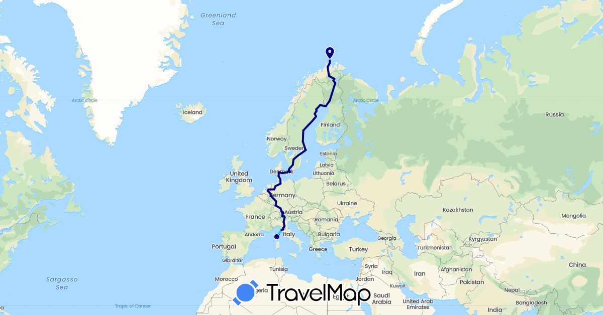 TravelMap itinerary: driving, boat in Austria, Germany, Denmark, Finland, France, Italy, Netherlands, Norway, Sweden (Europe)